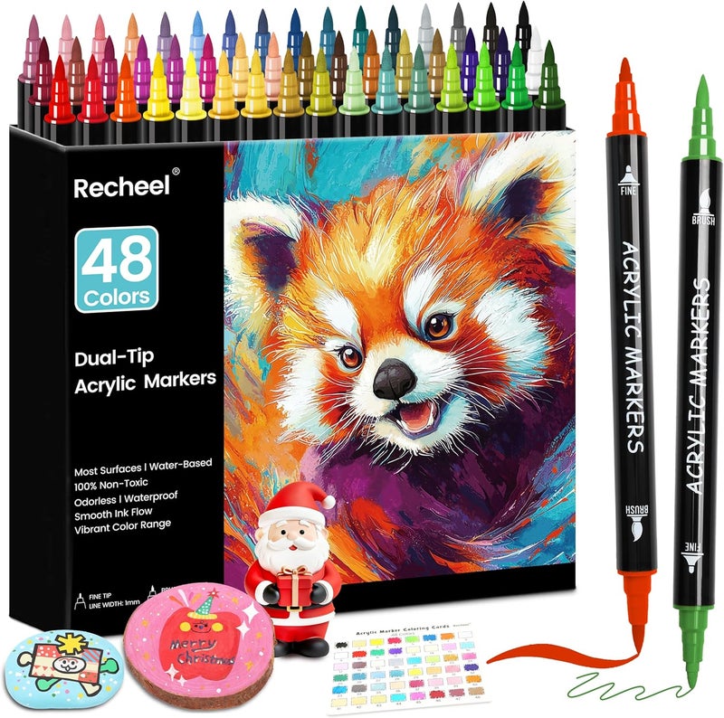 Recheel 48 Colors Acrylic Paint Markers, Dual Tip with Precision Fine Tip and Versatile Brush Tip Pens for Creative DIY, Crafting, Stone, Wood, Canvas, Glass, Metal, and More - Image 1